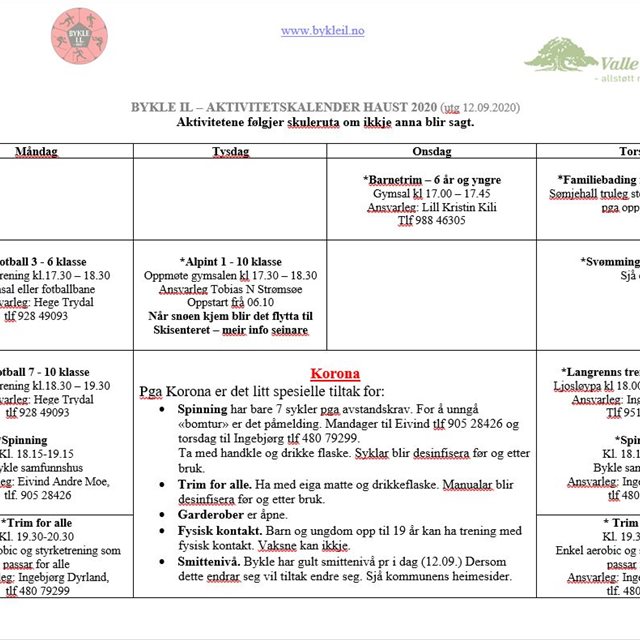 Oppdatert aktivitetskalender høsten 2020