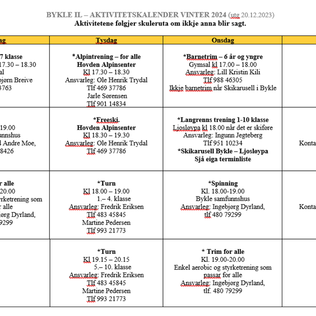 Ny aktivitetskalender gjeldande frå 20.12.23