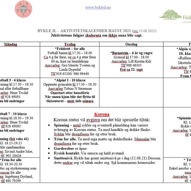 Aktivitetskalender hausten 2021 Bykle IL