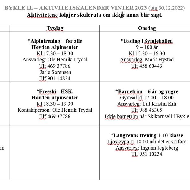 Aktivitetskalender Bykle IL vinter 2023